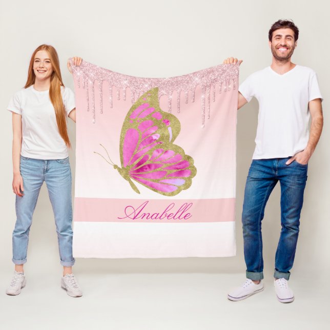 Personlig Dripping Glitter Rosa Butterfly Fleecefilt (På plats)