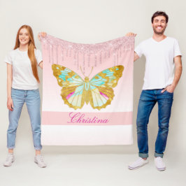 Personlig Dripping Glitter Rosa Teal Butterfly Fleecefilt