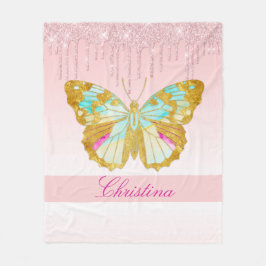 Personlig Dripping Glitter Rosa Teal Butterfly Fleecefilt