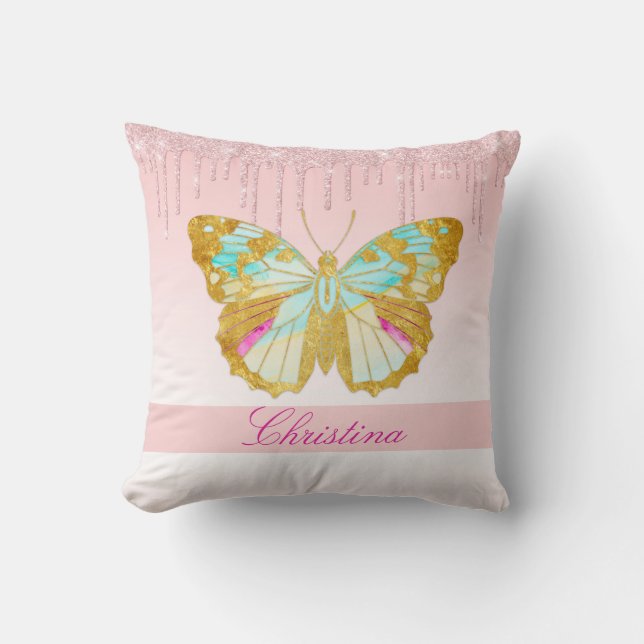 Personlig Dripping Glitter Rosa Teal Butterfly Kudde (Framsida)