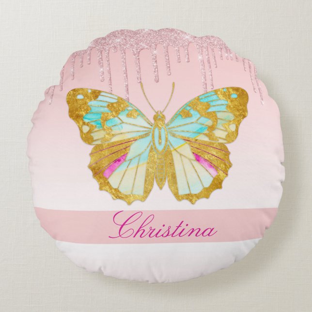 Personlig Dripping Glitter Rosa Teal Butterfly Rund Kudde (Framsidan)