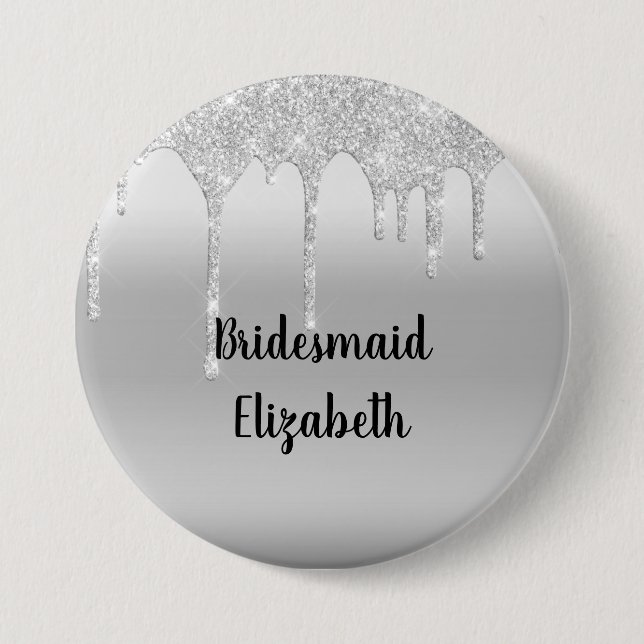Personlig Droppande Glitter Silver Brudtärna Knapp (Framsida)