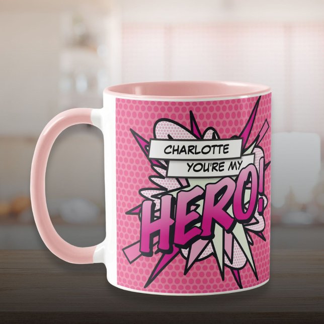 Personlig Du Är Min HJÄLTE Serietidning Rosa Mugg (Personalized You're My HERO Comic Book Pink Mug)