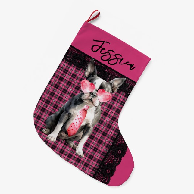 Personlig dubbelsidig excentrisk Boston Terrier Stor Julstrumpa (Framsidan (Hängande))