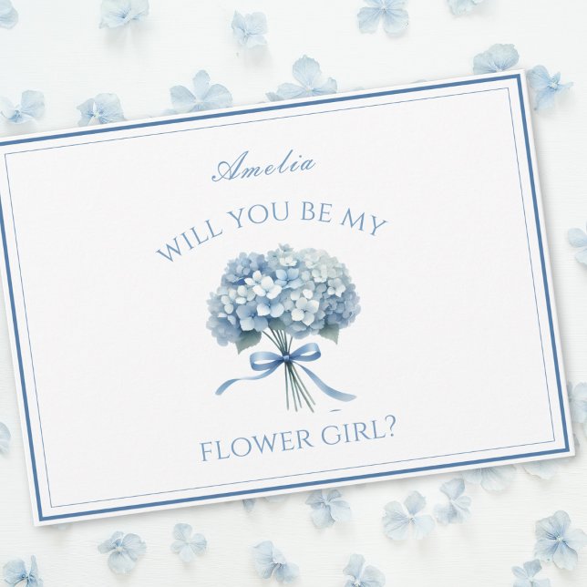 Personlig Dusty Blue Hydrangea Bow Flower Girl Kort (Ask your flower girl with this customizable card, adorned with a delicate blue hydrangea and ribbon.)