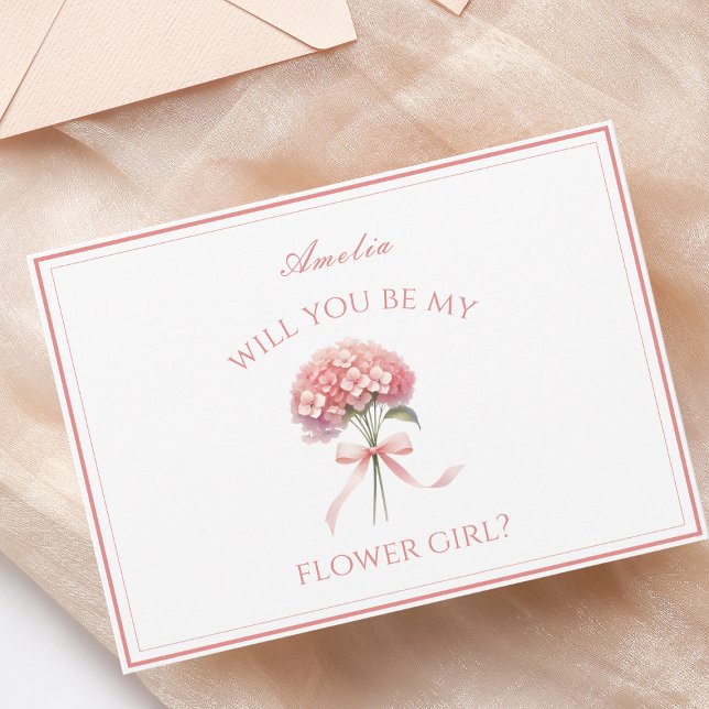 Personlig Dusty Ro Hydrangea Bow Flower Girl Kort (Personalized flower girl card with a pink hydrangea design, perfect for a romantic garden wedding.)