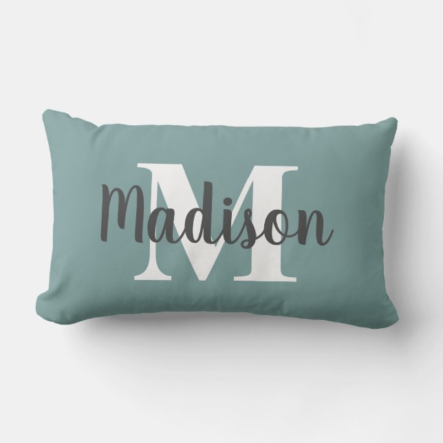 Personlig Editable Färg Monogram Namn Teal Lumbarkudde (Framsida)