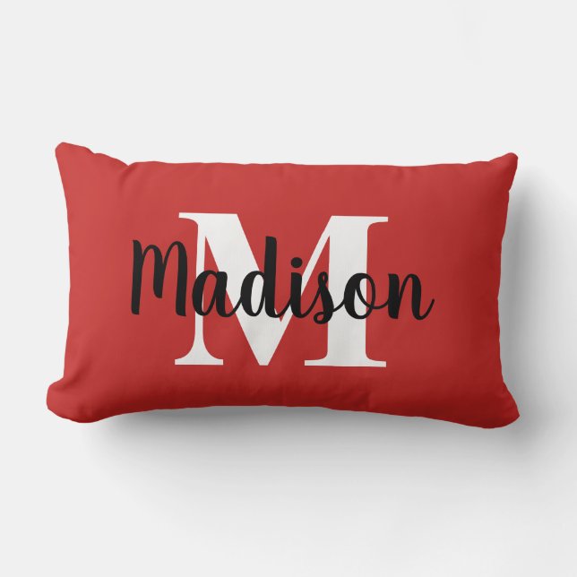 Personlig Editable Färg Monogram Red White Lumbarkudde (Framsida)