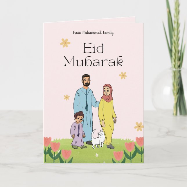 Personlig Eid Mubarak Card Muslim Family & Cat Kort (Framsida)