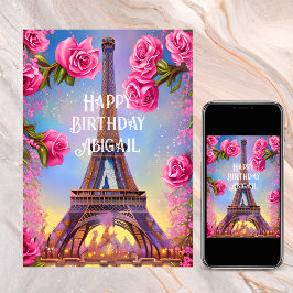 Personlig Eiffel Torn Rosa ros Chic Birthday Kort