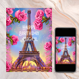 Personlig Eiffel Torn Rosa ros Chic Birthday Kort
