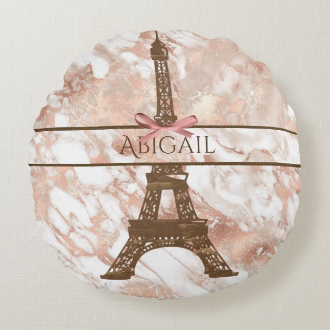 Personlig Eiffel Torn White, Ro Guld Marble Rund Kudde (Framsidan)