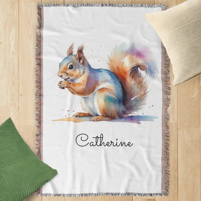 Personlig Ekorre i Vattenfärg Filt (A throw blanket with squirrel design in a watercolor style, personalized with a name)