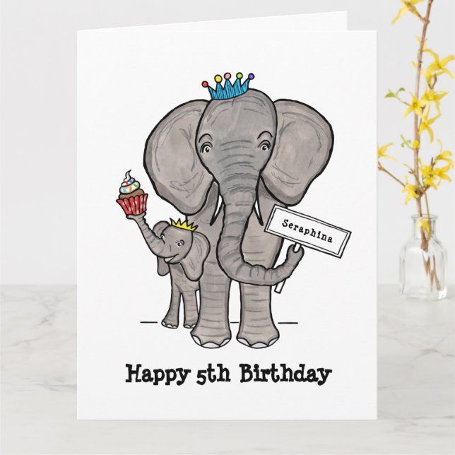 Personlig Elefant och Bebis Kort (Gul blomma)