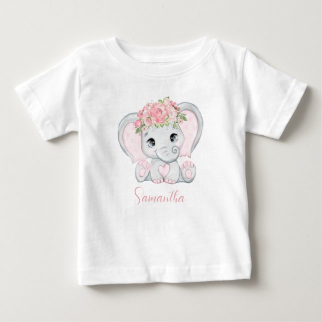Personlig Elefant Rosa Flickor Babyfirande  T Shirt (Framsida)