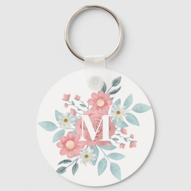 Personlig Elegant Akvarell Blommig Monogram Nyckelring (Framsida)