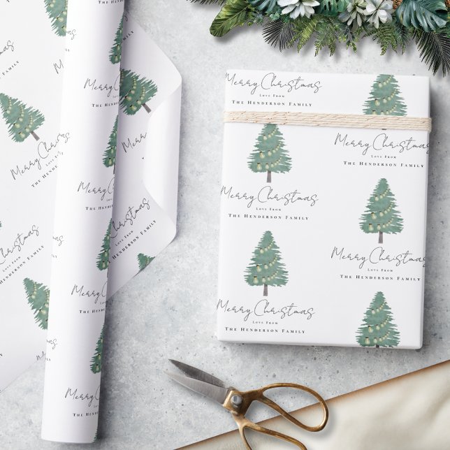 Personlig Elegant Akvarell Träd Jul Presentpapper (Personalized family name merry Christmas watercolor whimsical tree green & white wrapping paper)