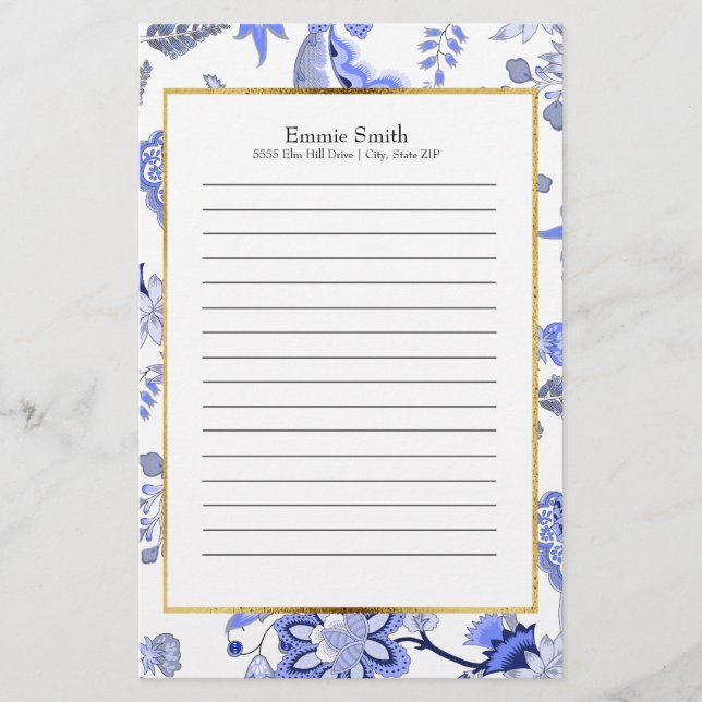 Personlig Elegant Blå Blommig Brevpapper (Framsida)