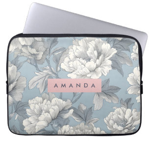 Personlig Elegant Blå och Krämfärgad Peony Blomma Laptop Fodral