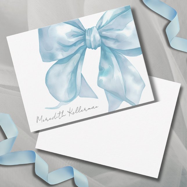 Personlig Elegant Blå Slinga Namn Monogram Anteckningskort (Personalized Elegant Blue Bow Name Monogram Note Card)