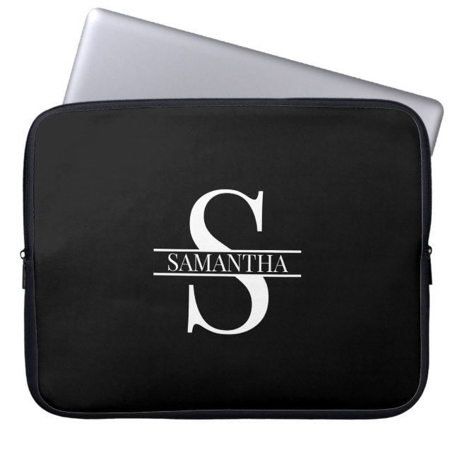 Personlig Elegant Black and White Monogram Namn Laptop Fodral (Framsidan)
