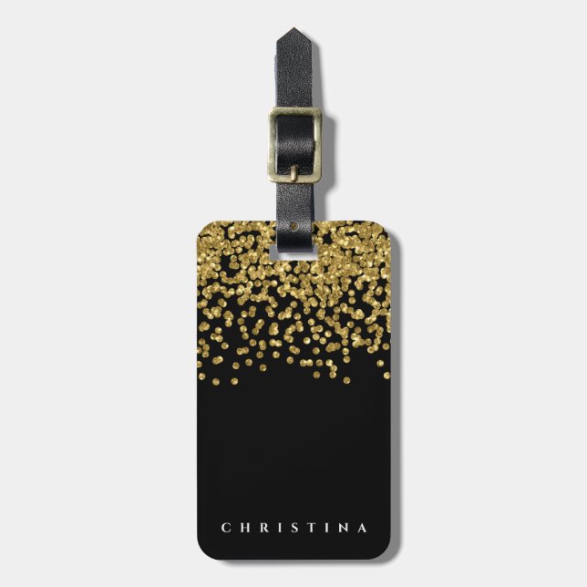 Personlig Elegant Black Faux Guld Confetti Bagagebricka (Vertikal Framsida)