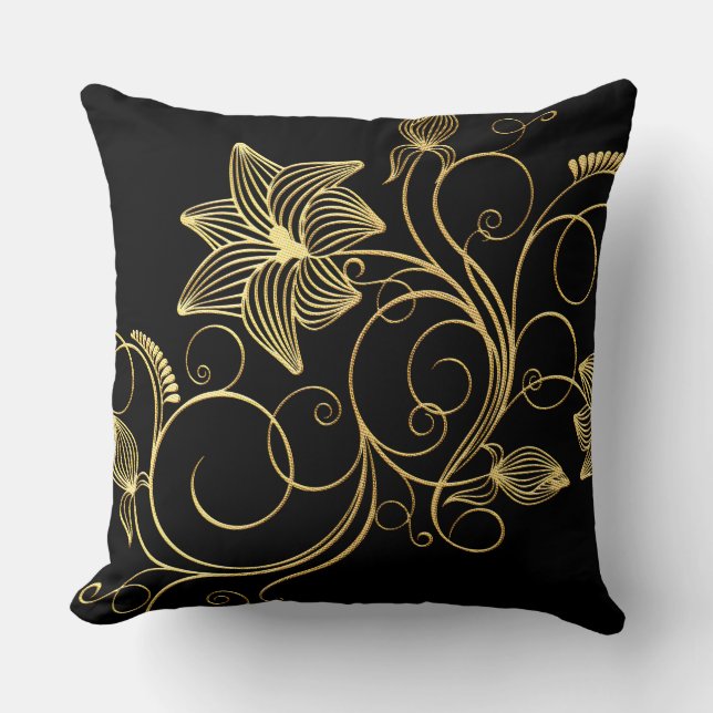 Personlig Elegant Black Gold Foil Blommigt Namn Kudde (Framsida)