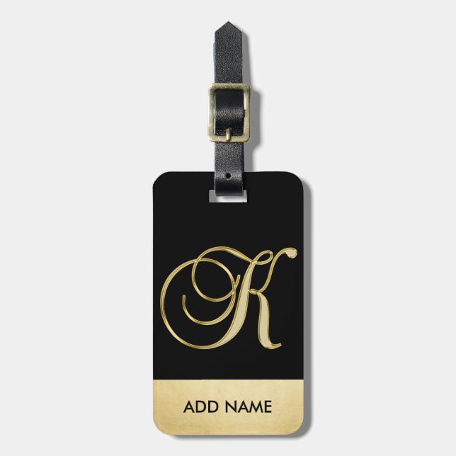 Personlig Elegant Black Guld Monogram Brev K Bagagebricka (Vertikal Framsida)