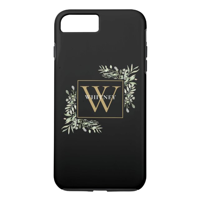 Personlig Elegant Black Guld Monogram Greenery Case-Mate iPhone Skal (Baksida)