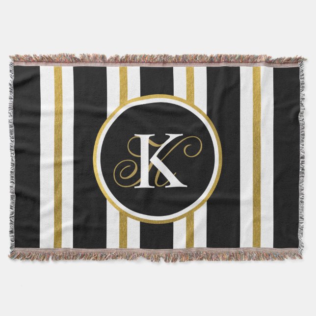 Personlig Elegant Black & Guld Rand Monogram Filt (Framsidan)