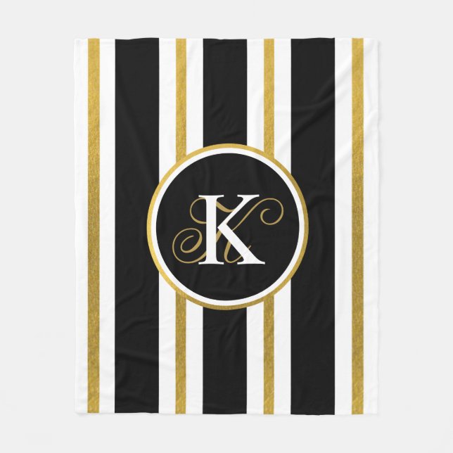 Personlig Elegant Black & Guld Rand Monogram Fleecefilt (Framsidan)