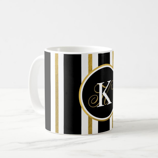 Personlig Elegant Black & Guld Rand Monogram Kaffemugg (Framsida vänster)