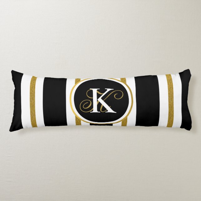 Personlig Elegant Black & Guld Rand Monogram Kroppskudde (Framsidan)