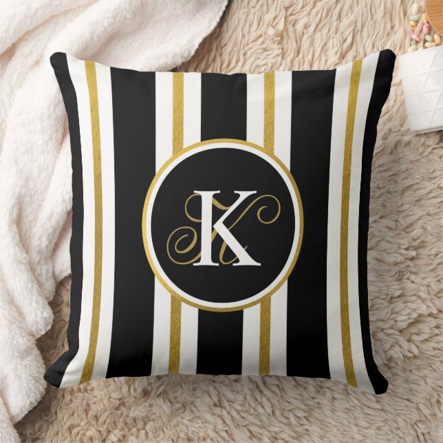Personlig Elegant Black & Guld Rand Monogram Kudde (Filt)