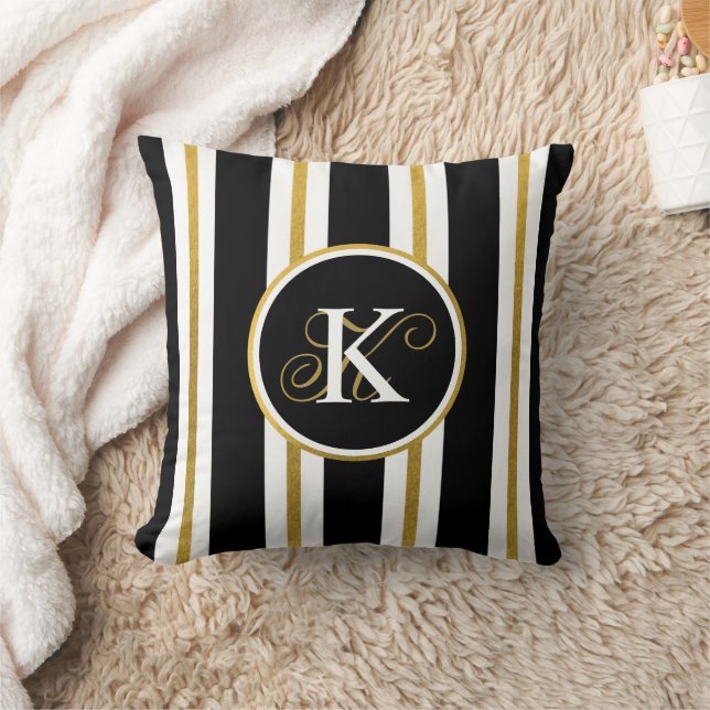 Personlig Elegant Black & Guld Rand Monogram Kudde (Filt)