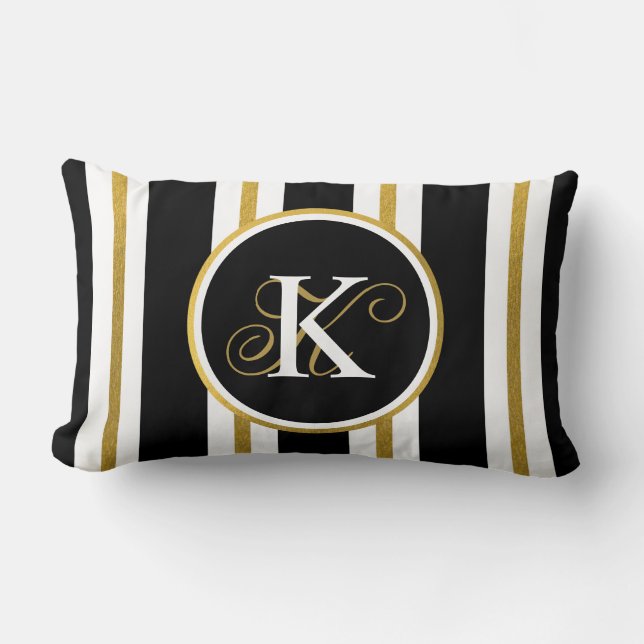 Personlig Elegant Black & Guld Rand Monogram Lumbarkudde (Framsida)