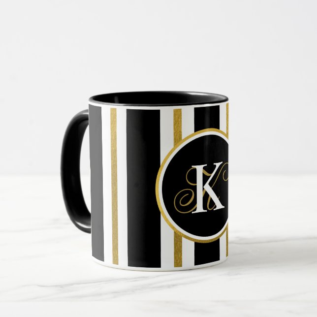 Personlig Elegant Black & Guld Rand Monogram Mugg (Framsida vänster)