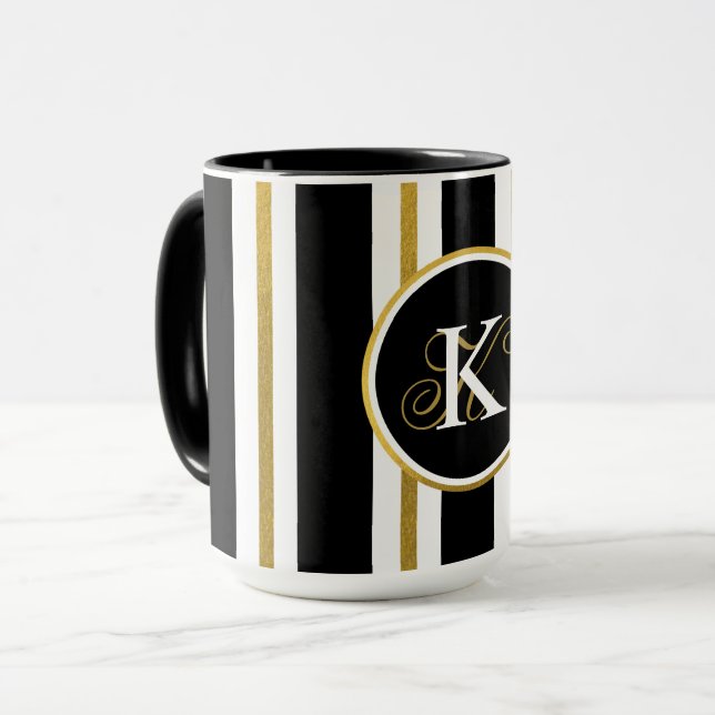 Personlig Elegant Black & Guld Rand Monogram Mugg (Framsida vänster)