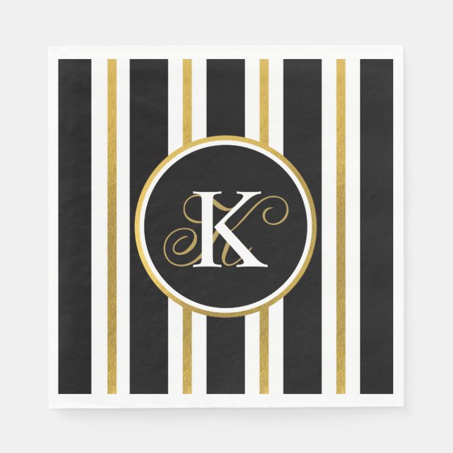 Personlig Elegant Black & Guld Rand Monogram Pappersservett (Framsidan)