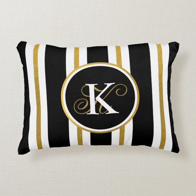 Personlig Elegant Black & Guld Rand Monogram Prydnadskudde (Framsidan)