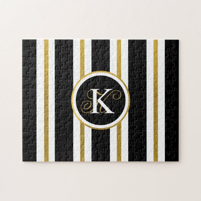 Personlig Elegant Black & Guld Rand Monogram Pussel (Horisontell)