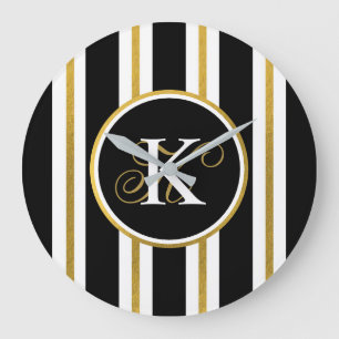Personlig Elegant Black & Guld Rand Monogram Stor Klocka