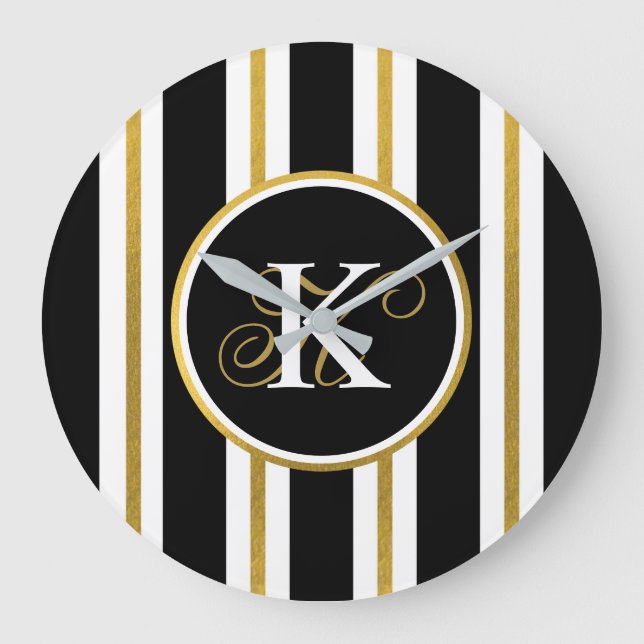 Personlig Elegant Black & Guld Rand Monogram Stor Klocka (Framsida)