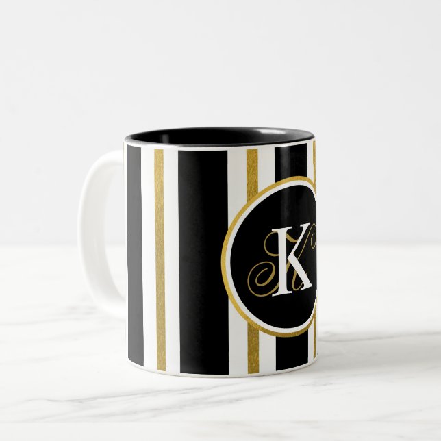 Personlig Elegant Black & Guld Rand Monogram Två-Tonad Mugg (Framsida vänster)