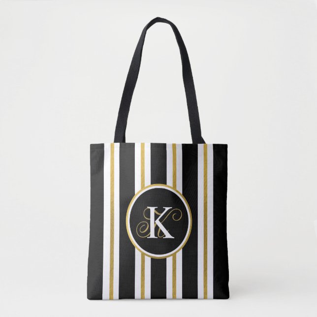 Personlig Elegant Black & Guld Rand Monogram Tygkasse (Framsida)