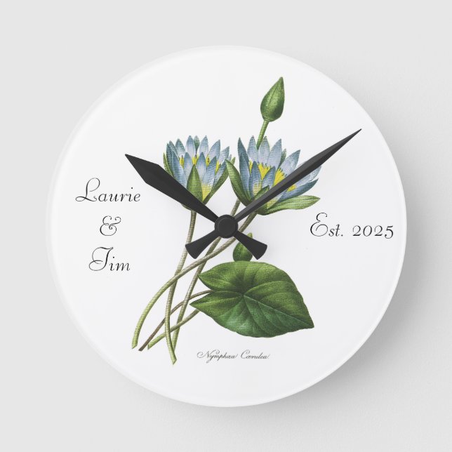 Personlig Elegant Blommigt Blue Nymphea Wooden Rund Klocka (Framsida)