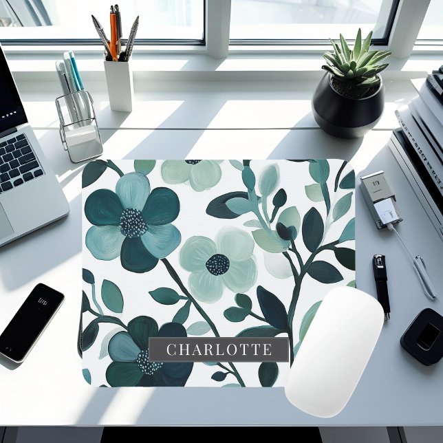 Personlig Elegant Blue Aqua Blommigt Mousepad Musmatta (Skapare uppladdad)