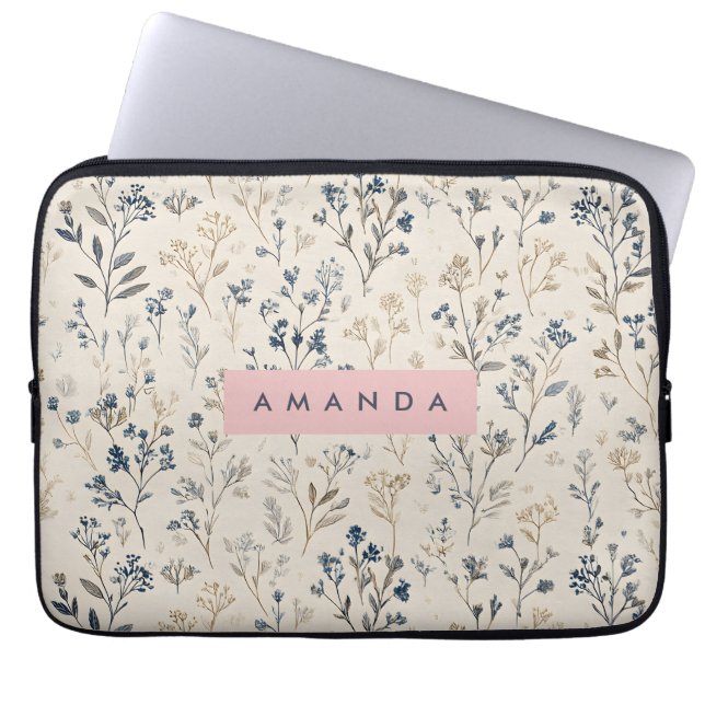 Personlig Elegant Blue & Beige Wildblomma Laptop Fodral (Framsidan)