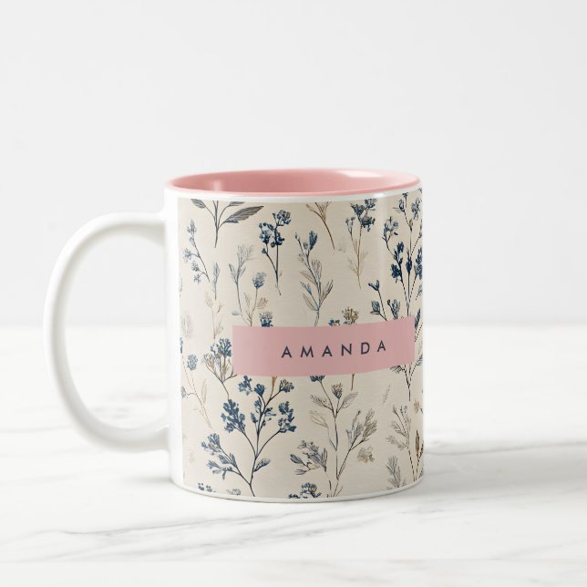Personlig Elegant Blue & Beige Wildblomma Två-Tonad Mugg (Vänster)