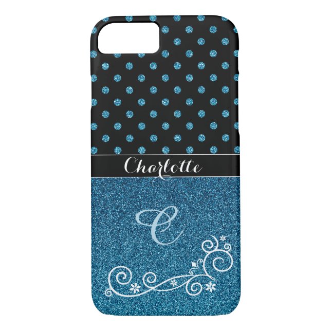Personlig Elegant Blue Glitter Monogram Namn Case-Mate iPhone Skal (Baksida)